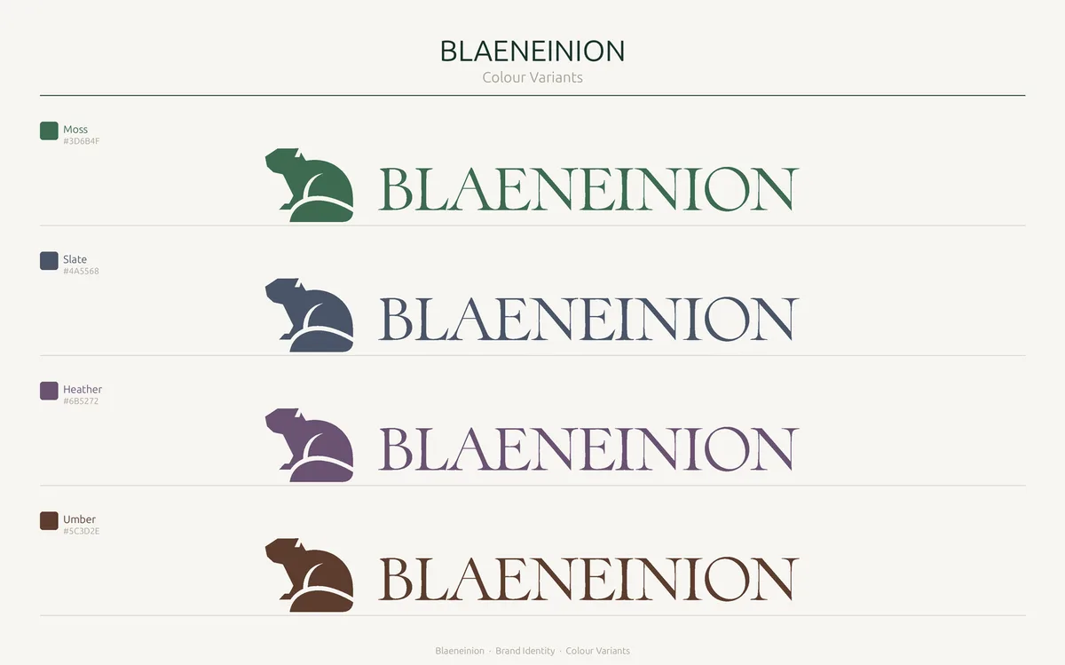Blaeneinion beaver mark and wordmark in moss, slate, heather and umber
