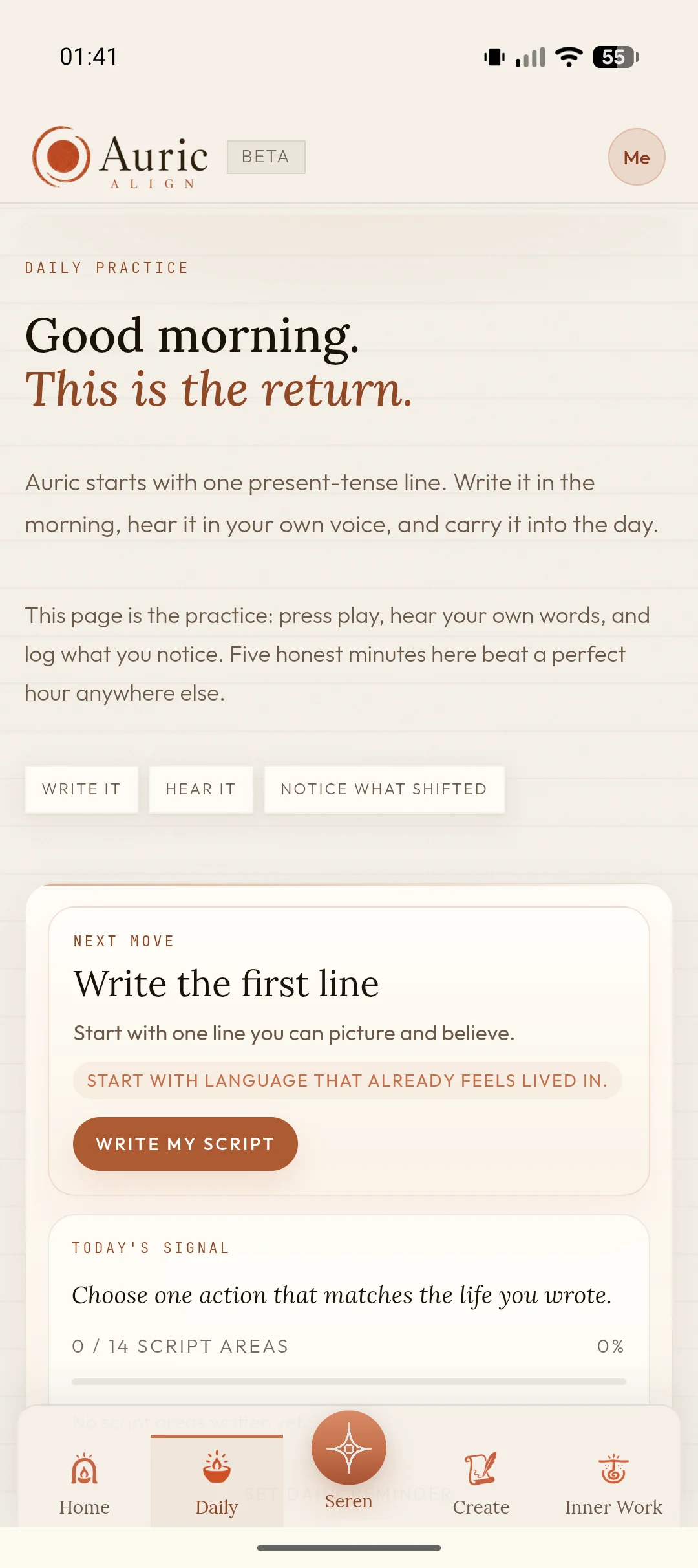 Auric daily-practice screen on a phone, showing the morning writing prompt and next step