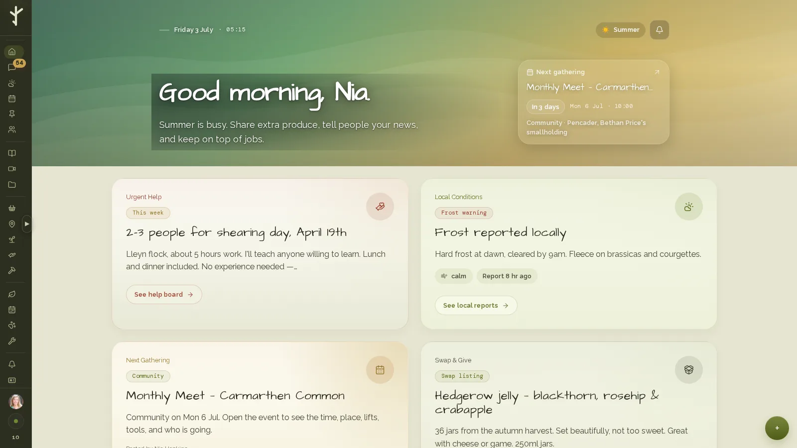Gwerin community home screen with its module grid