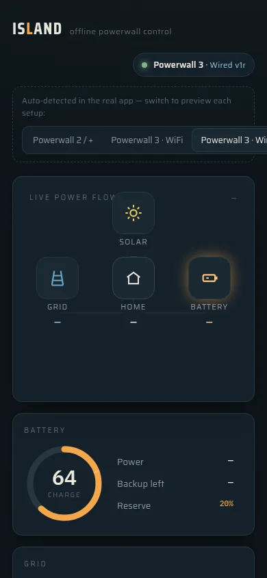 Island battery interface with charge and power-flow readings