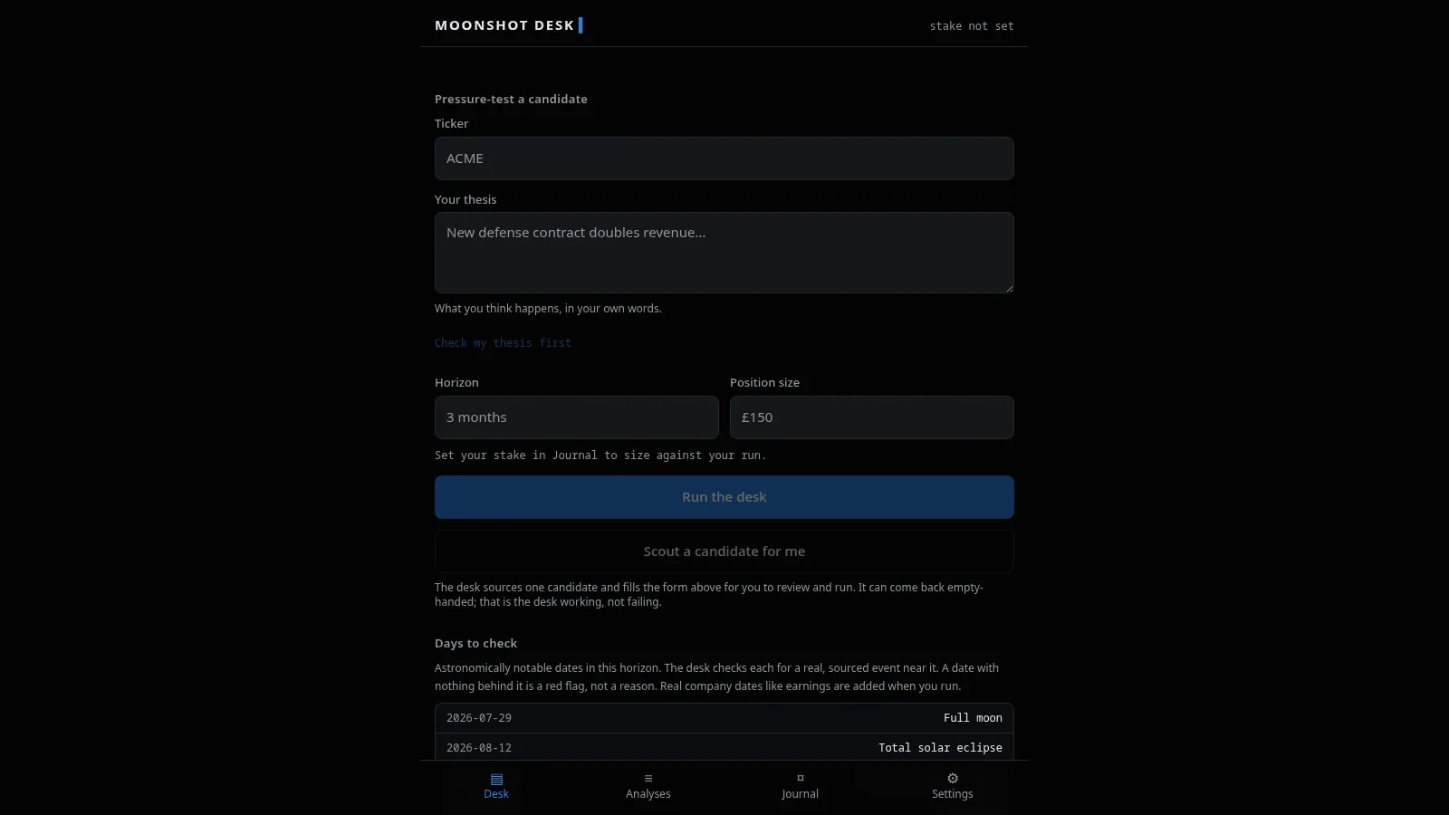 Moonshot stock-thesis interface